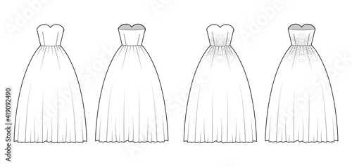 Set of Crinoline dresses technical fashion illustration with strapless sweetheart neckline, long length, full skirt, embellishment motif. Flat template front, back, white color. Women, men CAD mockup