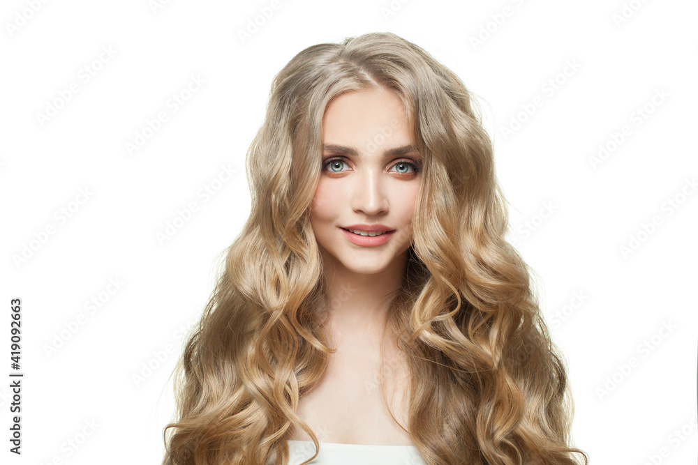 Cute woman model with healthy curly blonde hair and clear skin isolated on white background Cute woman model with healthy curly blonde hair and clear skin isolated on white background