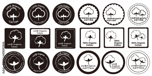 Cotton organic 100 icons, cotton flower logo for natural eco and bio vector stamps on textile fabrics and skincare cosmetics certificate. illustration Vector. オーガニックコットンアイコン、コットンアイコン、タグデザイン、テキスタイル表記