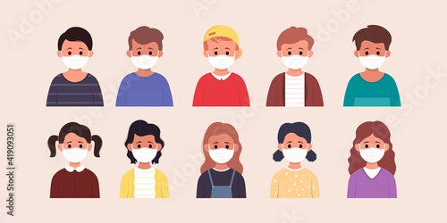 Set of children cartoon. collection of  boys and girls wearing medical mask to prevent disease, flu, air pollution, contaminated air, world pollution.