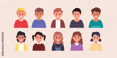 Set of children cartoon. collection of smiling faces of boys and girls.Vector illustration.