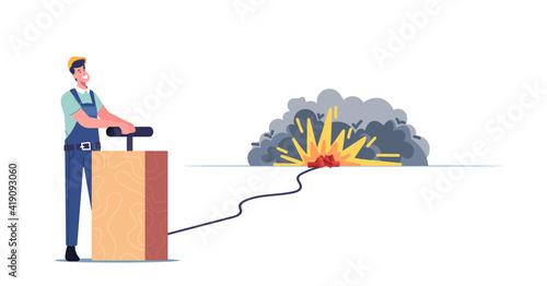 Worker Male Character in Uniform Push Lever Arm for TNT Explosion Controlled Building Demolition, Detonation