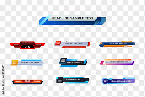 Lower third template. Set of TV banners and bars for news and sports channels, streaming and broadcasting. TV News Bars Set Vector. Breaking, Sport News. Media labels Tag For Television Broadcast.