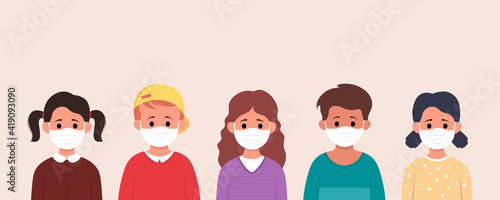 Group of children wearing medical mask to prevent disease, flu, air pollution, contaminated air, world pollution in flat style.
