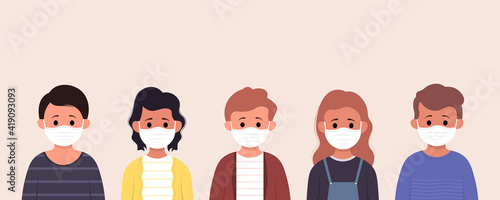Group of children wearing medical mask to prevent disease, flu, air pollution, contaminated air, world pollution in flat style.