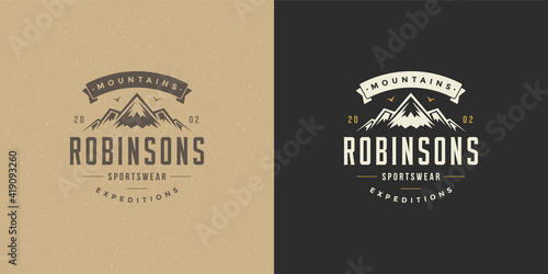 Mountain camping logo emblem outdoor landscape vector illustration rock hills silhouette for shirt or print stamp