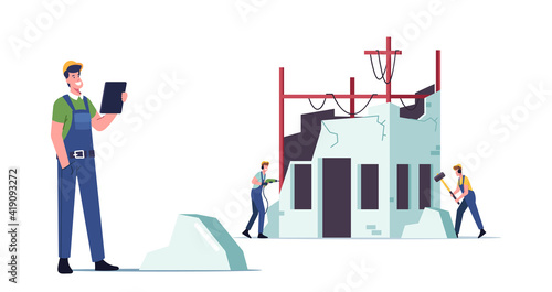 Foreman Control Building Demolition. Builders Characters in Uniform Demolishing Old House Hitting Walls Destroy Ruins