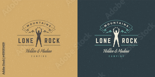 Climber logo emblem outdoor adventure expedition vector illustration mountaineer man silhouette