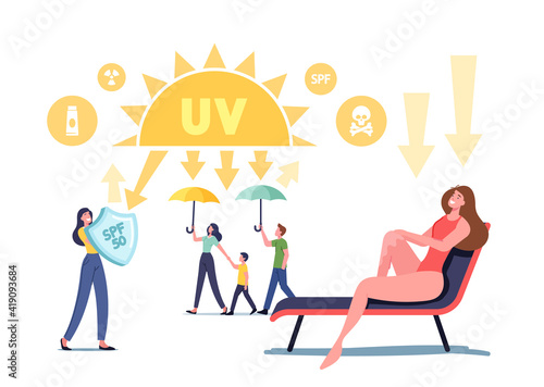 Uv Radiation, Solar Ultraviolet Protection Concept. Characters with Shields Reflect Sunlight, Family Walk with Umbrella