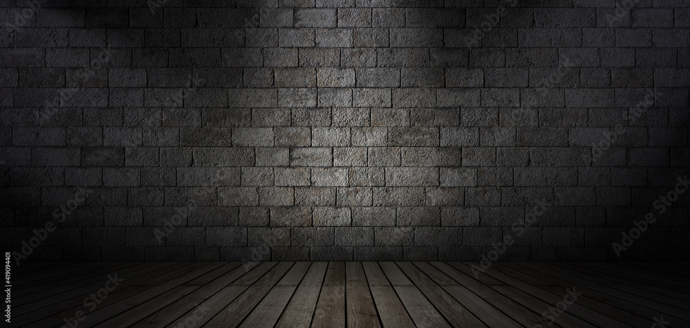 Old stone wall and wooden floor texture, three dimensional room background for product display or mock up with copy space