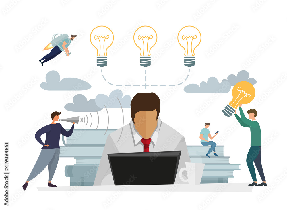 Office Characters Workers Working Computers with Laptop. Team Work Organization Concept. Market analytics. Finance prediction, trends forecast, business strategy analytics flat vector illustration Office Characters Workers Working Computers with Laptop. Team Work Organization Concept. Market analytics. Finance prediction, trends forecast, business strategy analytics flat vector illustration