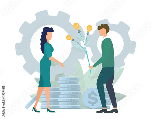 business porters a successful team. The investor man holding a bouquet ideas bulb in his hand. financing of creative projects. woman and man business handshake vector banner