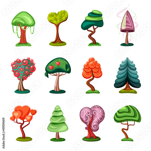 Fabulous geometric bonsai set. Fantasy mushroom with tropical sequoia covered with lianas cone green spruce with bush red flower hearts for game design miniature apple with fruits. Vector abstract.