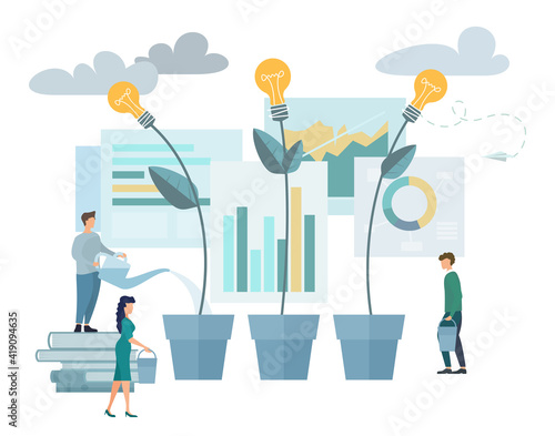 Vector illustration, brainstorming, business concept for teamwork, finding new solutions, generating and generating ideas, maturing new ideas in the form, Man watering light bulb