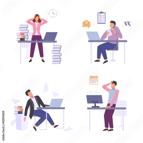 Stressful situations work set. Female character holding his head in despair from overwork man overloaded with business affairs and excess assigned tasks lack of time for deadline. Vector overwork.