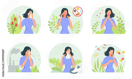 Allergy manifestations set. Dirty air from factories complications respiratory system female character takes pills drops seasonal allergies negative effects from aggressive pollen. Vector sickness.