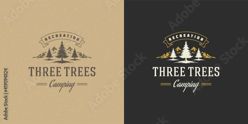 Forest camping logo emblem outdoor adventure vector illustration pine trees silhouette