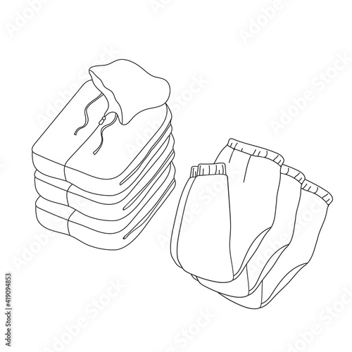 Minimalistic illustration of jogger pants and hoody. Sports suit stacked in a pile. Outline icons isolated on white background.