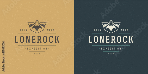 Mountain camping logo emblem outdoor landscape vector illustration rock hills silhouette for shirt or print stamp