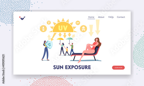 Sun Exposure Landing Page Template. Uv Radiation, Solar Ultraviolet Protection. Characters with Shields Reflect Sunlight