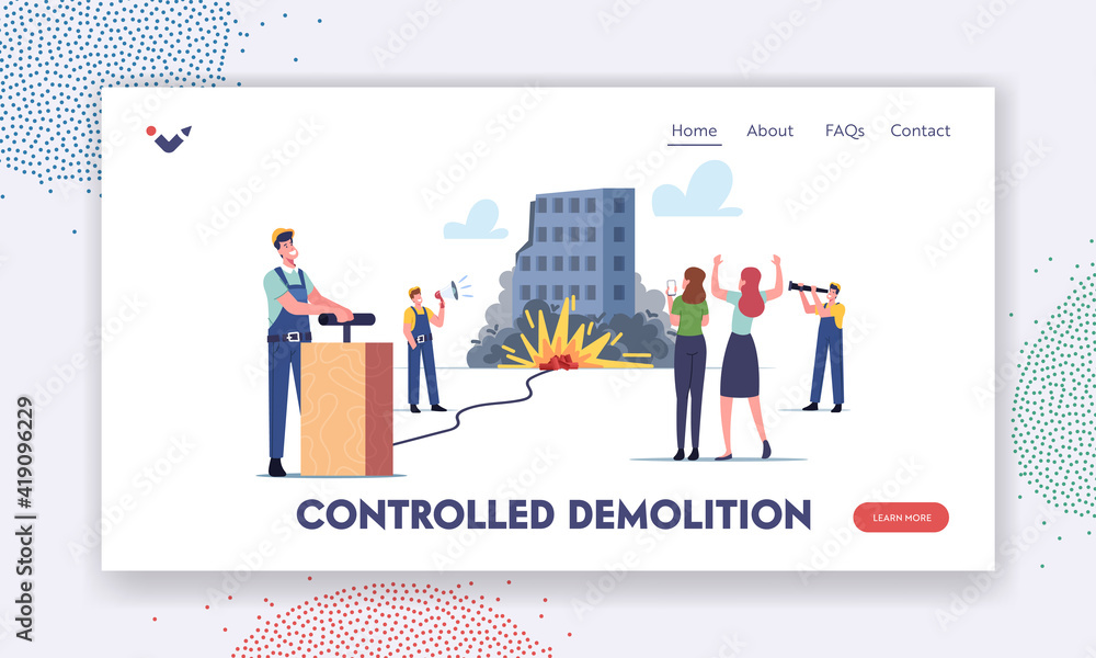 Controlled Building Demolition Landing Page Template. Builders Male Characters Demolishing Old House with TNT Explosion
