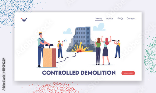 Controlled Building Demolition Landing Page Template. Builders Male Characters Demolishing Old House with TNT Explosion