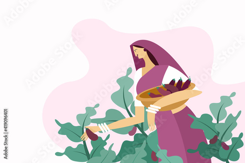 Illustration of a woman plucking brinjal fruits from the vegetable farm