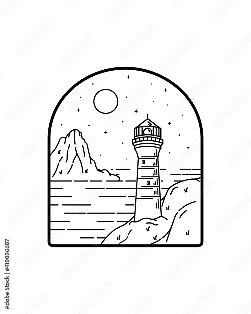 illustration of lighthouse and sky with stars in mono line art, Abstract  vector illustration, T-Shirt Art, Design Vector Stock Vector | Adobe Stock