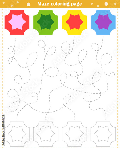  Logic game for children. Go through the maze and color the figure according to the pattern