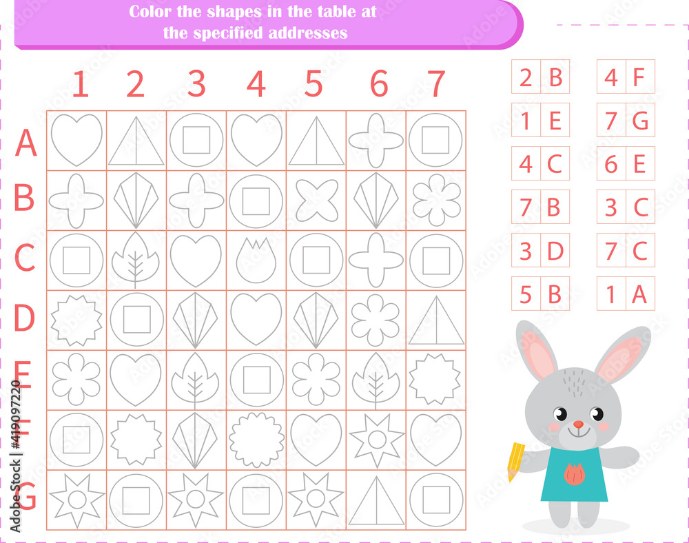 Logic game for children. Find the figures at the address. Color only these shapes Logic game for children. Find the figures at the address. Color only these shapes