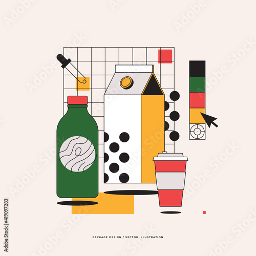 Product packaging design development concept. Choosing a color scheme for corporate identity. Bottle, plastic cup, beverage box. Modern vector flat illustration.