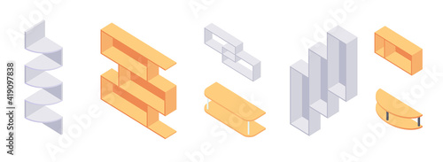 Bookshelf isometric - collection of various cases and shelves for books for home and store interior design. Empty gray and brown wooden furniture for home and shop storage in vector illustration.