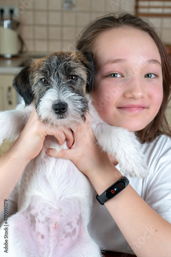 Beautiful girl holding a puppy of Jack Russell Terrier. Look into the camera. Vertical photo