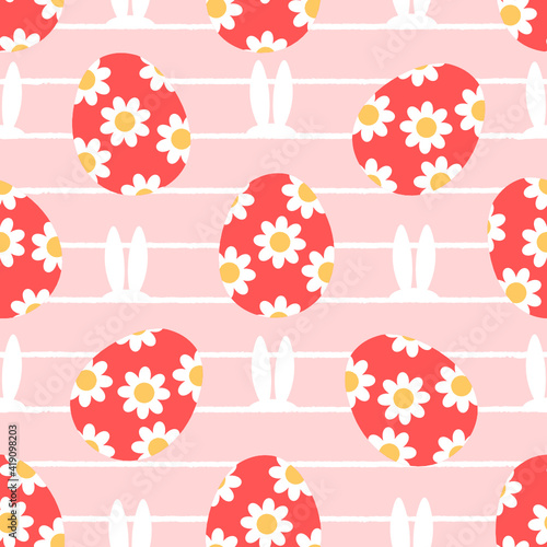 Seamless pattern with daisy Easter eggs and rabbit ears on pink background vector illustration.