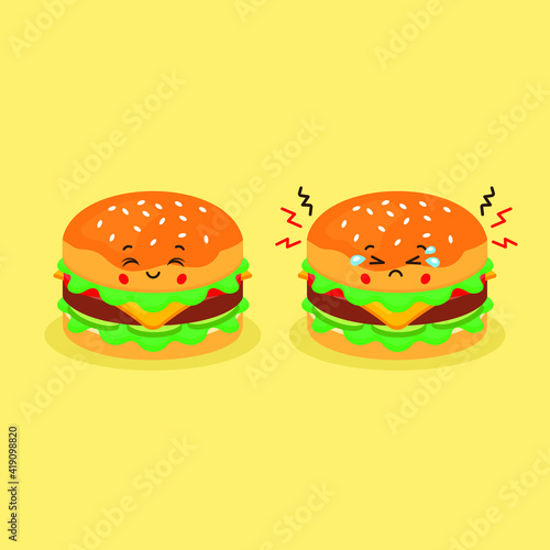Cute Burger with Smiling and Sad