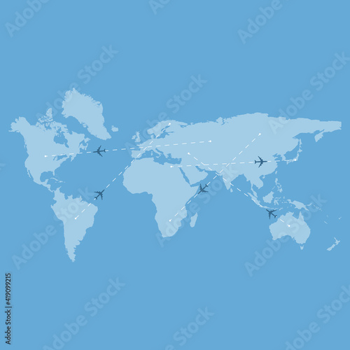 Airplane flight route on world map