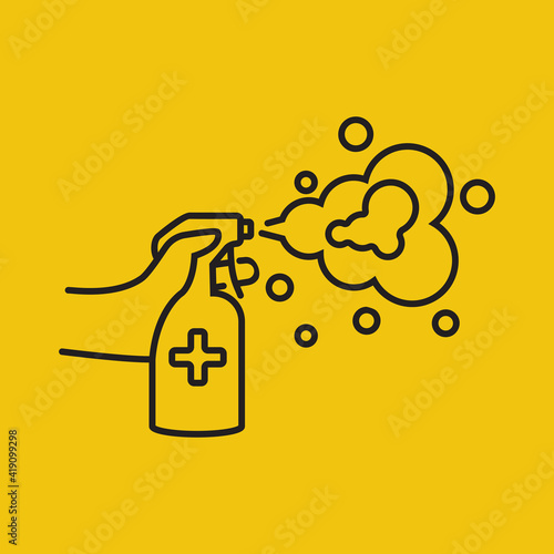 Bottle antibacterial alcohol hold in hand. Destruction of bacteria.Sanitary product for personal hygiene.Preventioncoronavirus covid-19. Alcoholliquid. Vector illustration minimal black line design.