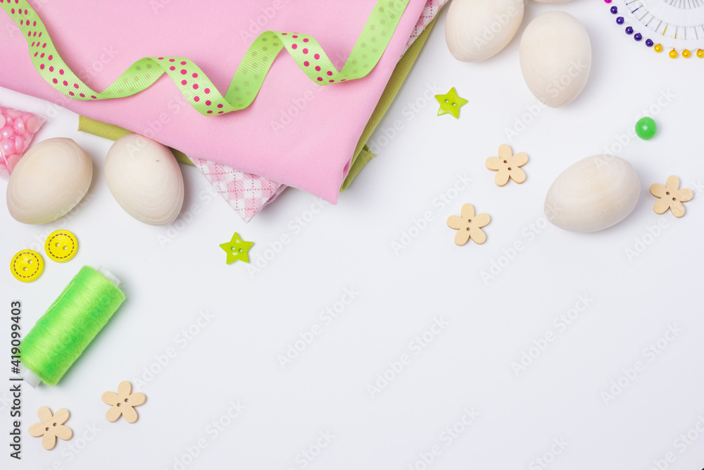 Easter greeting card. Crafts for children. Materials for needlework. Kids art project. Wooden eggs decoration Easter greeting card. Crafts for children. Materials for needlework. Kids art project. Wooden eggs decoration