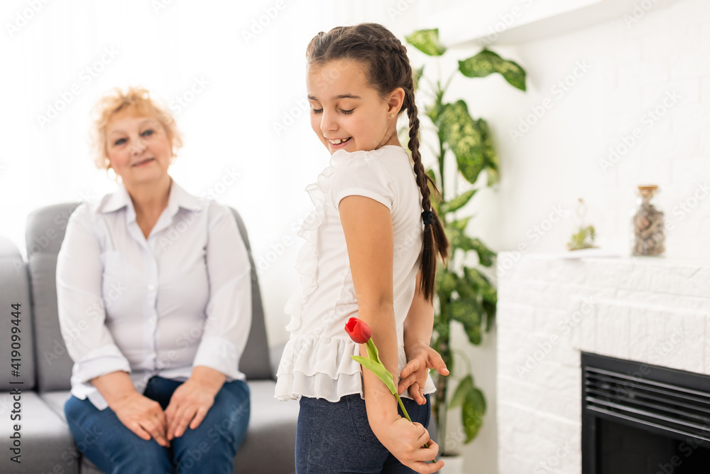 Cute girl giving a flower to her grandmother. Happy senior grandma hugging granddaughter thanking for flower. Girl congratulating smiling old grandma Cute girl giving a flower to her grandmother. Happy senior grandma hugging granddaughter thanking for flower. Girl congratulating smiling old grandma