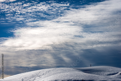 Peak of Monte Tomba in winter with snow on the Lessinia Plateau (Altopiano della Lessinia), Regional Natural Park, near Malga San Giorgio ski resort in Verona province, Veneto, Italy, Europe. © Alberto Masnovo