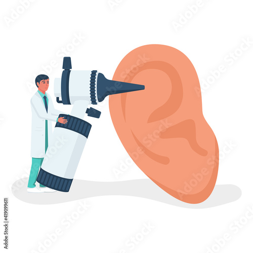 Ear treatment. Landing page, medical clinic template. Group of doctors with diagnostic equipment. Health check. Otolaryngology concept. Vector illustration flat design. Ears problem.