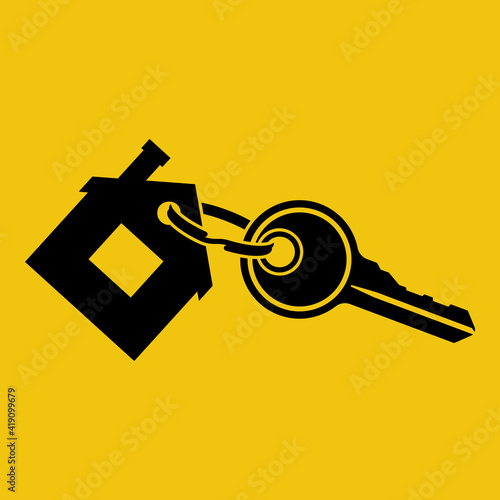 House key with trinket house-shaped. Rental estate. Sale property template. Vector illustration flat design. Tag as a house. Black silhouette isolated on yellow background.