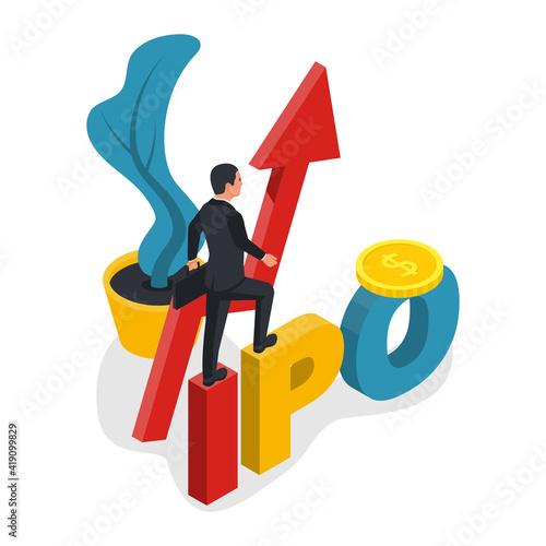 IPO concept. Businessman on the background of a successful rising graph. Increase in interest. Vector illustration isometric design. Isolated on white background. Search for investors.