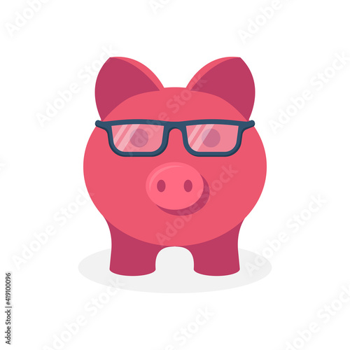 Smart piggy bank, pink pig with glasses. Counting savings. Saving money in cash. Conservation of funds concept. Vector illustration flat design. Isolated on white background.