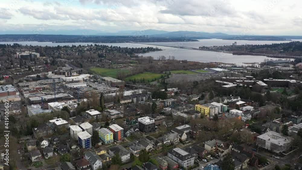 Cinematic aerial drone dolly shot of Cowen Park, Seattle Children's Hospital, Roosevelt, Ravenna, Laurelhurst, University District, Lake Washington and downtown Seattle in the distance Cinematic aerial drone dolly shot of Cowen Park, Seattle Children's Hospital, Roosevelt, Ravenna, Laurelhurst, University District, Lake Washington and downtown Seattle in the distance