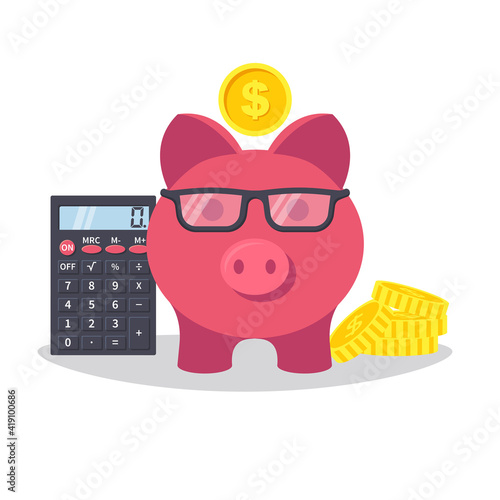 Smart piggy bank, pink pig with glasses and stack of coins and calculator. Calculations of accumulated coins. Counting savings. Saving money in cash. Vector illustration flat design.