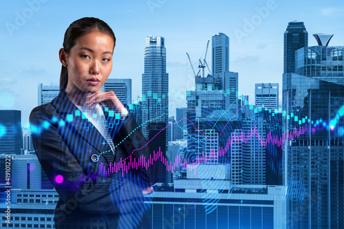 Slika na platnu Attractive young Asian trader and stock market analyst in suit dreaming about market behavior and forecast in crisis