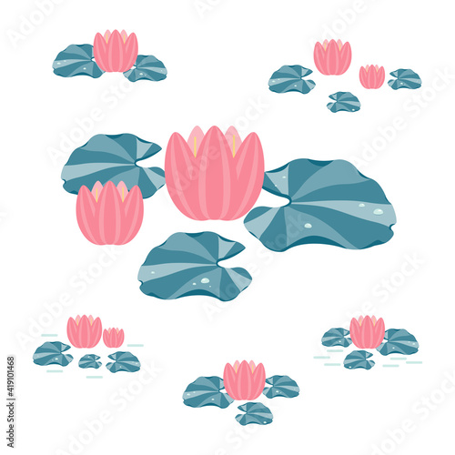 Vector isolated collection of flat cartoon water lily