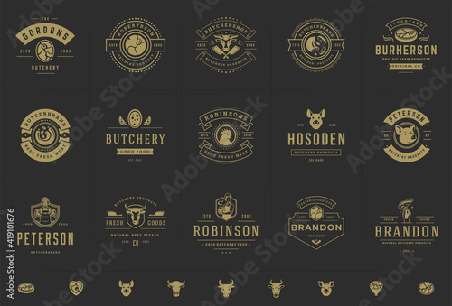 Butcher shop logos set vector illustration good for farm or restaurant badges with animals and meat silhouettes
