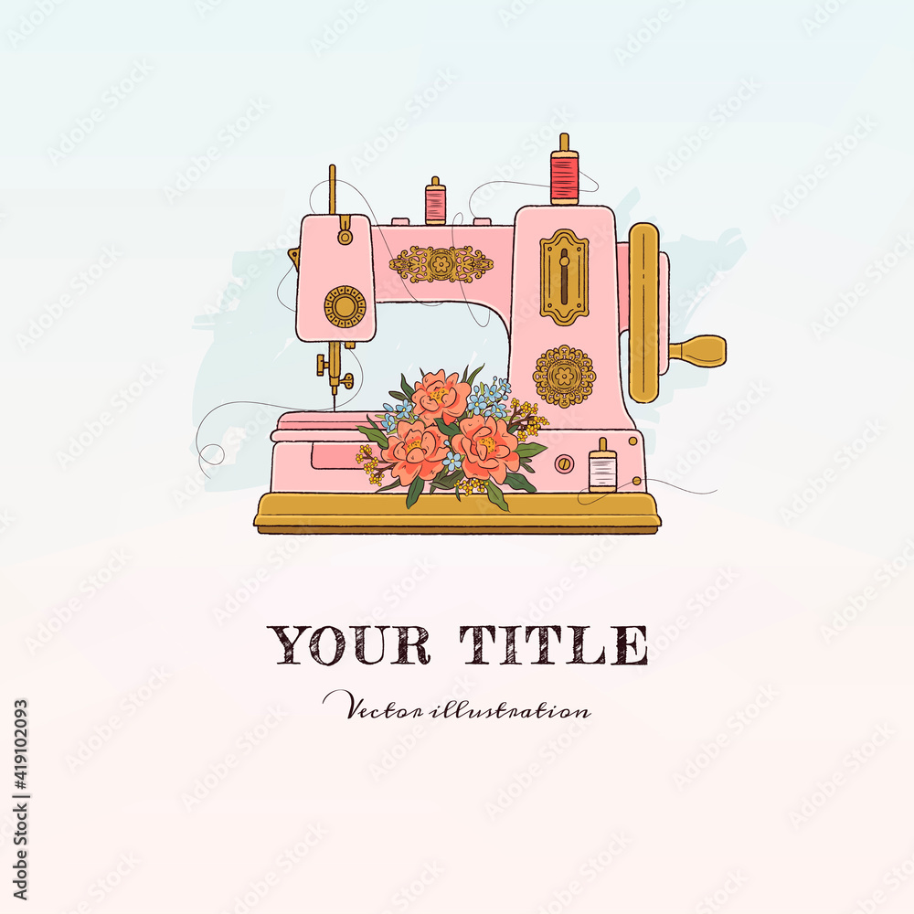 Naklejka premium Hand drawn illustration of sewing machine and flowers. Vector illustration